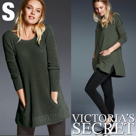 NWOT Victoria’s Secret Olive Green Long Sleeve Knit Crochet Tunic Sweater SMALL - Picture 3 of 16